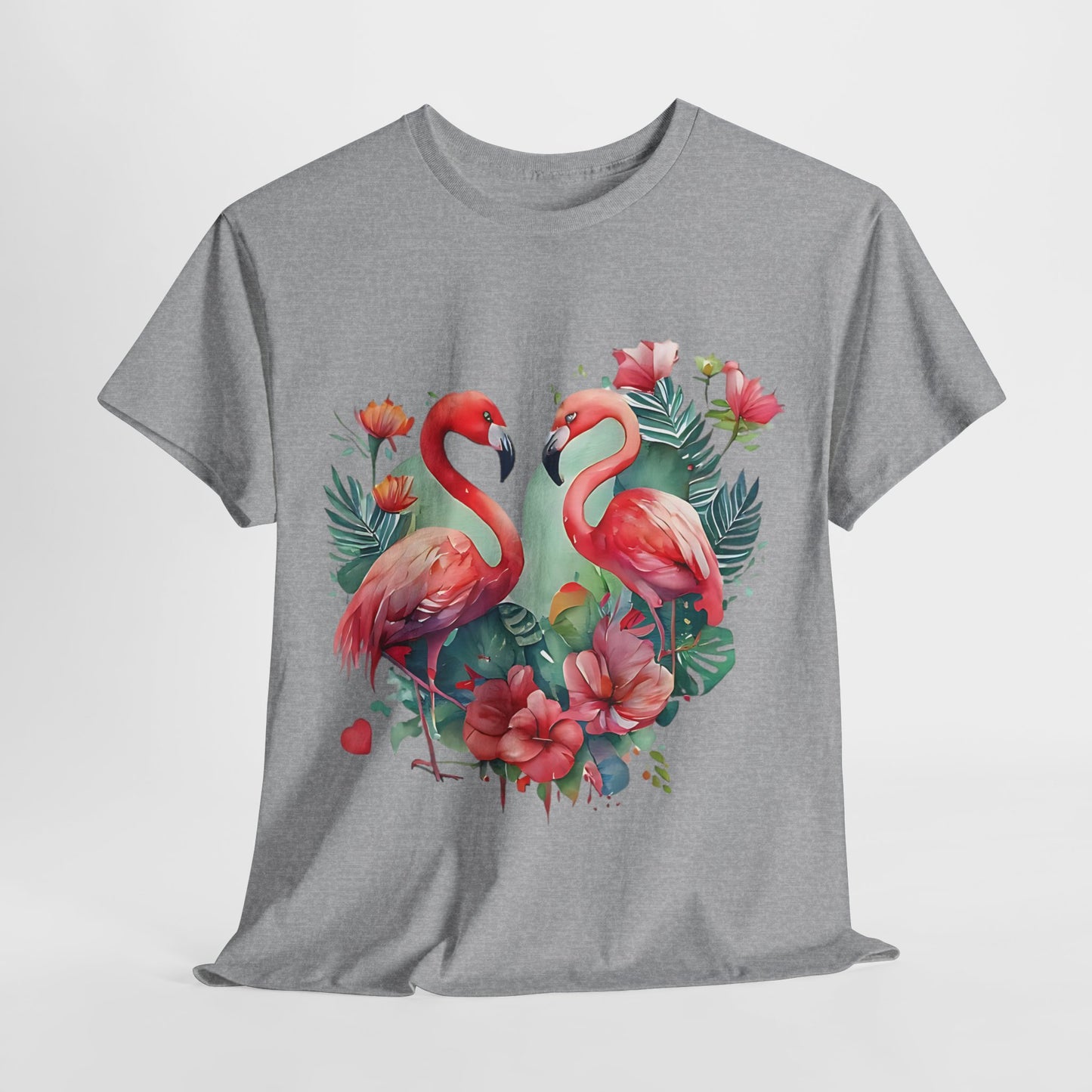 Romantic Flamingo T-Shirt - Floral Heart Design, Tropical Flamingo Tee - Floral Love Birds, Floral Flamingo T-Shirt - Tropical Love Design.