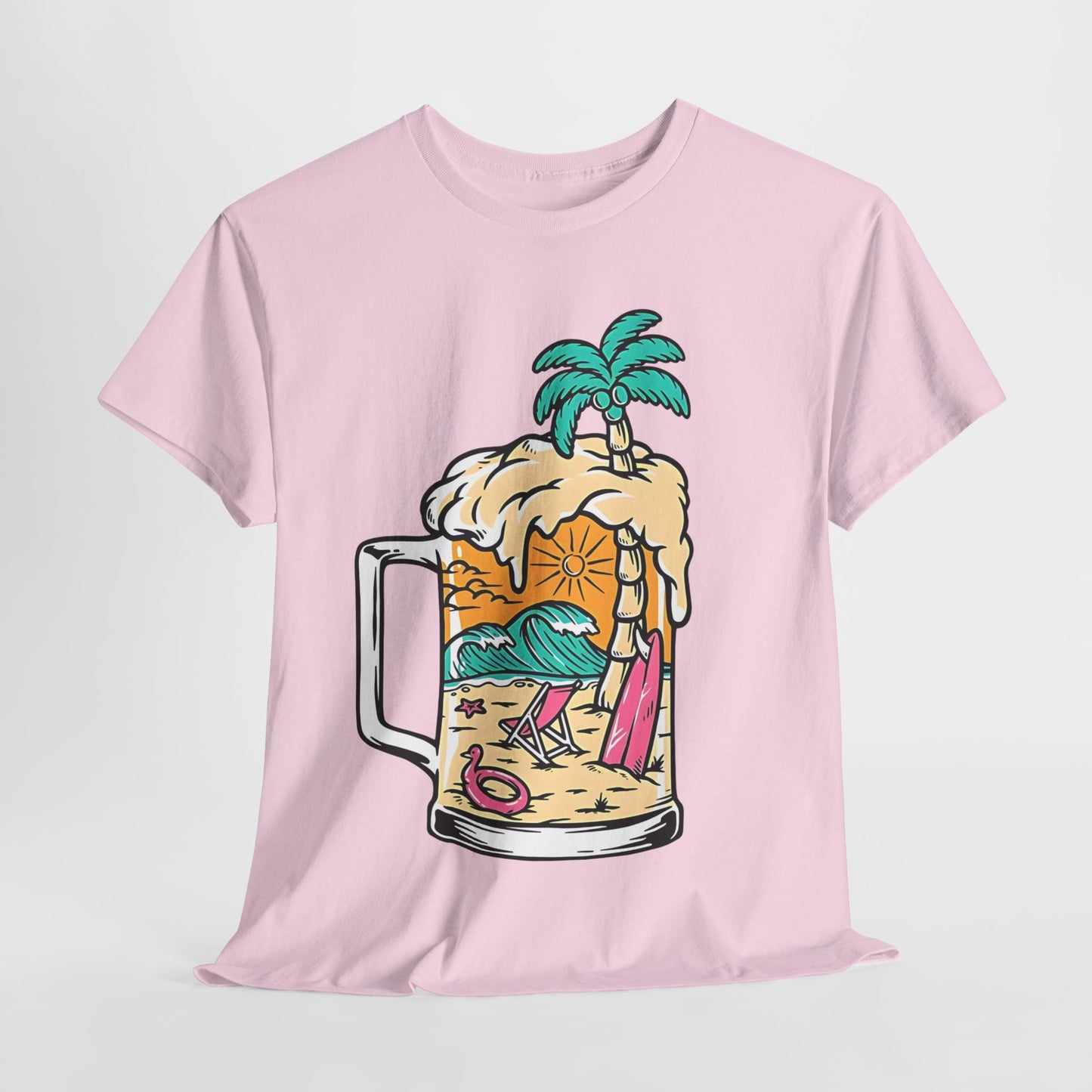 Beach Brew Bliss Tee, Tropical Paradise Mug T-Shirt, Sunset Surf and Suds Tee, Island Getaway Graphic Tee.