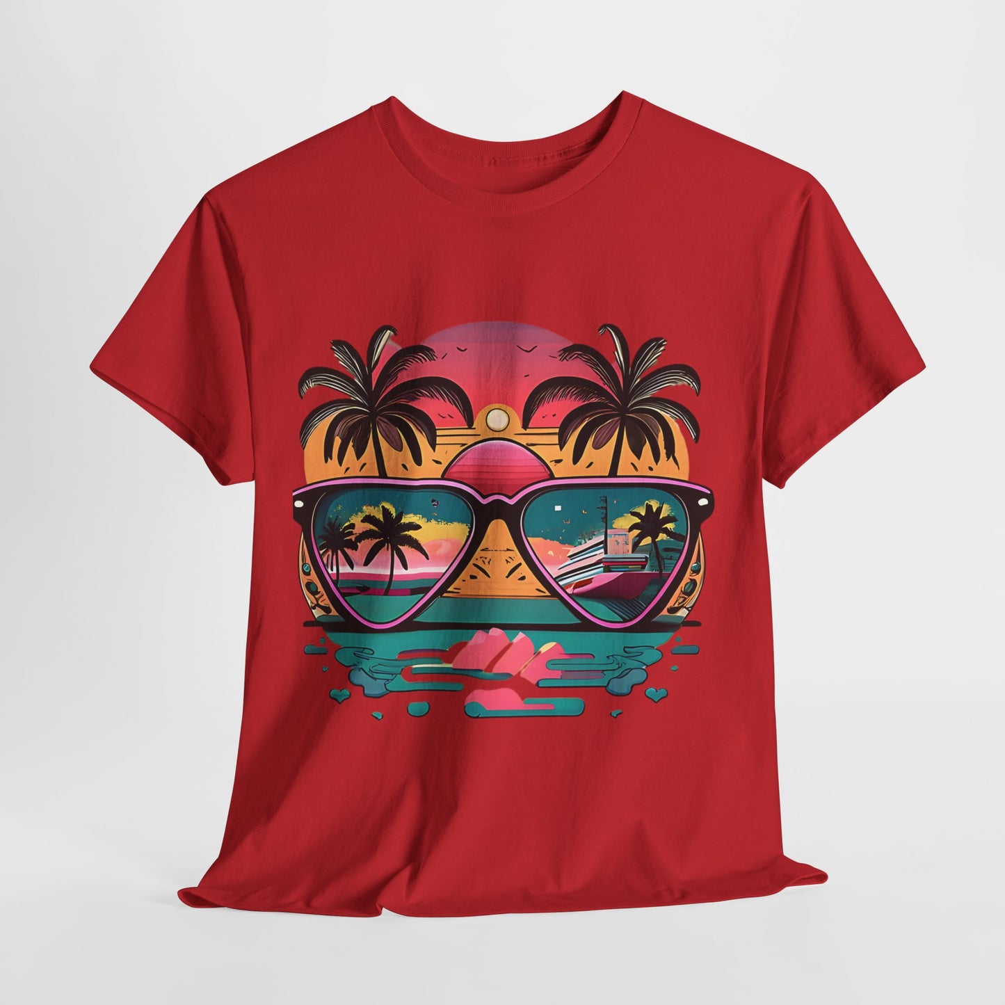 Sunglasses Reflection Beach Tee, Tropical Shades Paradise T-Shirt, Sunset Reflections Graphic Tee, Beach View Sunglasses Shirt.