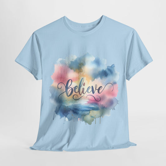 Believe Watercolor Inspiration Tee - Pastel Dream T-Shirt, Dreamy Watercolor 'Believe' T-Shirt - Inspirational Art Tee, Pastel Believe Shirt