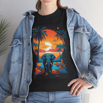 Tropical Sunset Elephant Tee, Vibrant Safari Elephant T-Shirt, Sunset Jungle Elephant Shirt, Exotic Elephant Landscape Tee.