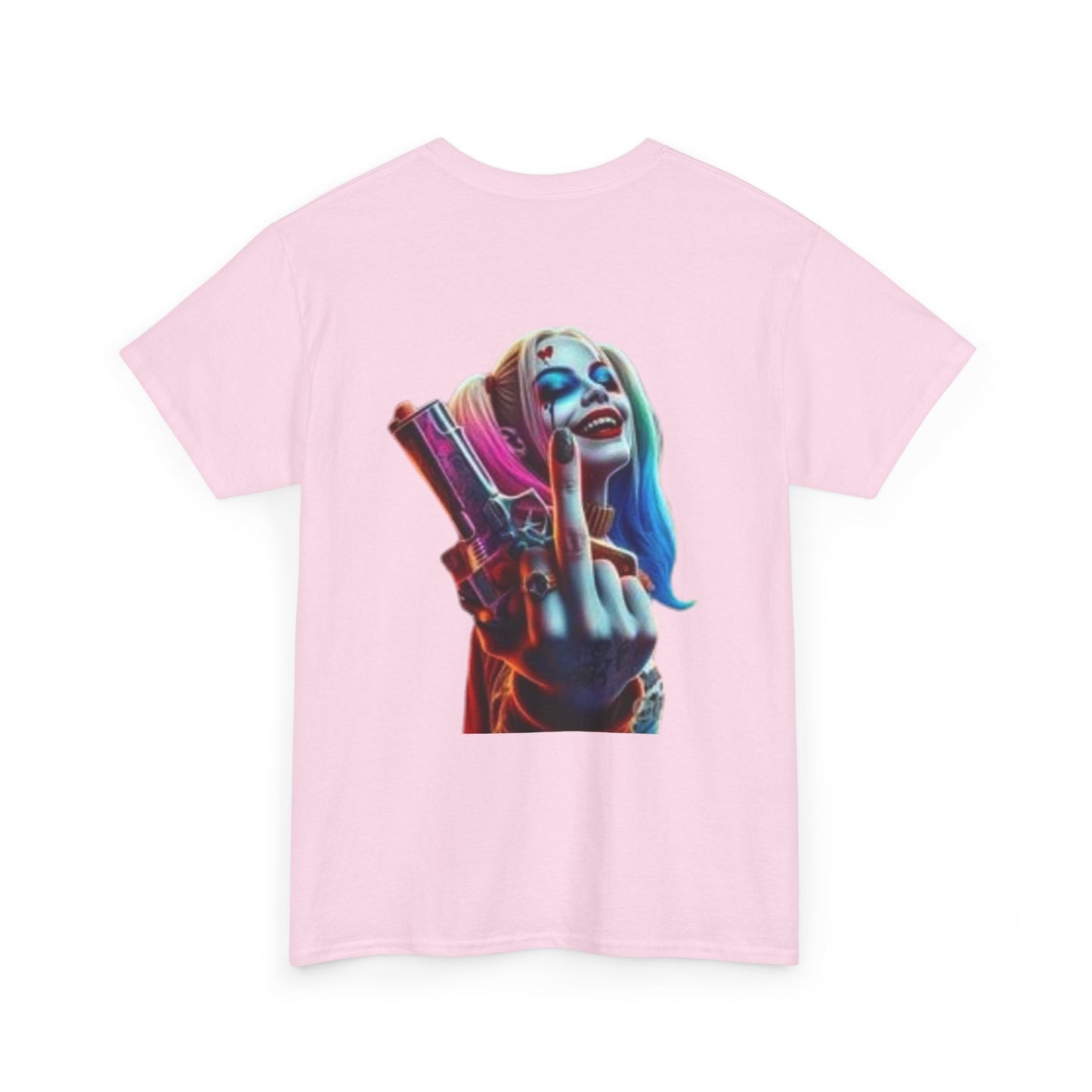 Badass Harley Quinn T-Shirt - Middle Finger and Gun Design Edgy Harley Quinn Graphic Tee - White Shirt with Attitude Harley Quinn Fans Unite