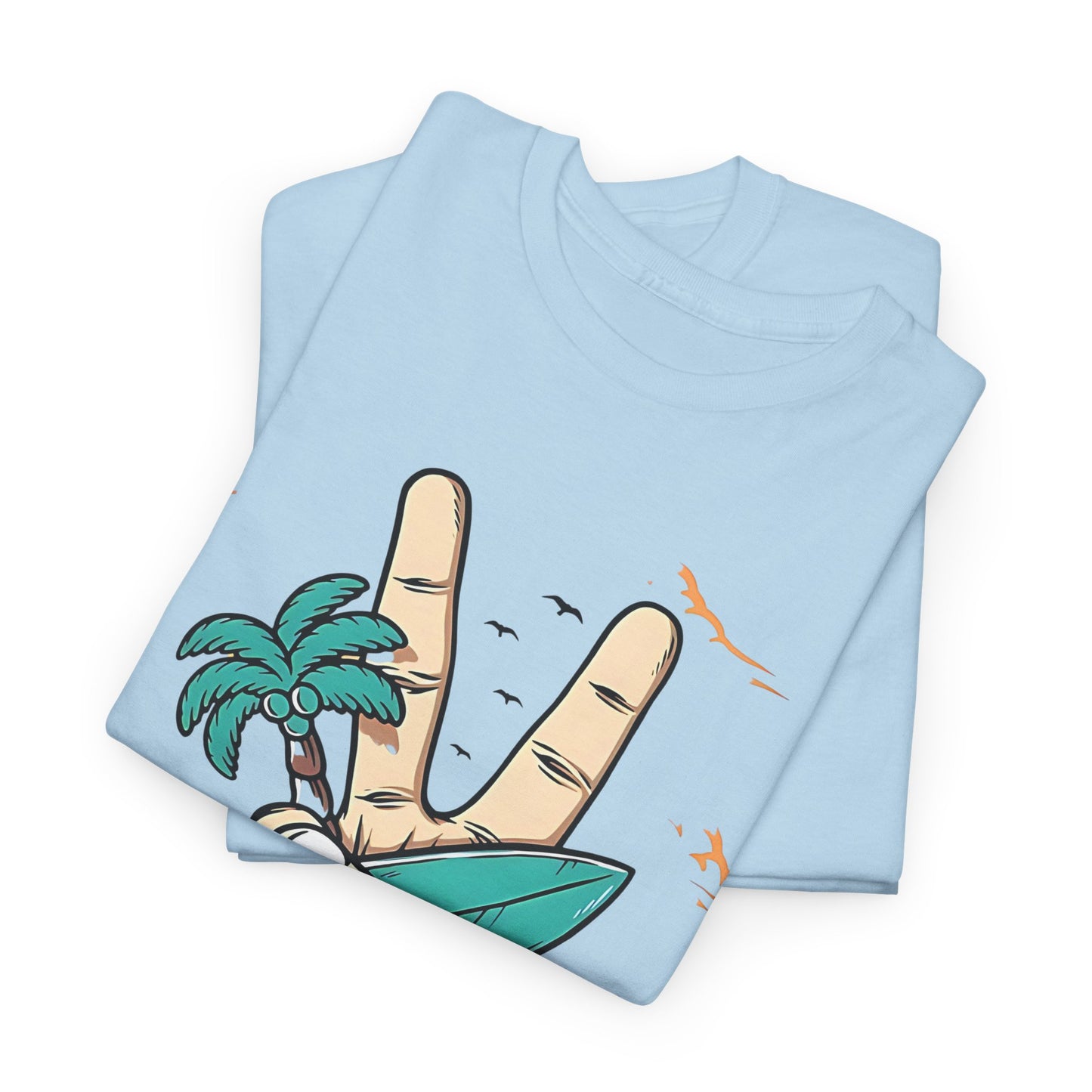 Peaceful Surf Vibes Graphic Tee, Tropical Peace Sign Surf T-Shirt, Beach Life Peace Hand Graphic Tee, Surfboard Palm Peace Gesture Shirt.