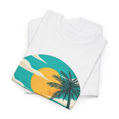 Retro Beach Scooter Tee -Vibrant Sunset Graphic,Tropical Beach Vibes T-Shirt -Sunset and Palm Trees Design,Vintage Beach Scooter Shirt