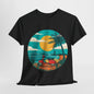 Retro Beach Scooter Tee -Vibrant Sunset Graphic,Tropical Beach Vibes T-Shirt -Sunset and Palm Trees Design,Vintage Beach Scooter Shirt