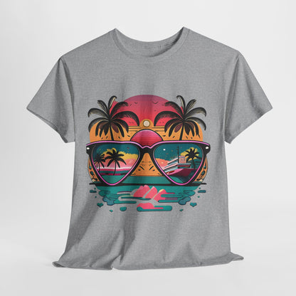 Sunglasses Reflection Beach Tee, Tropical Shades Paradise T-Shirt, Sunset Reflections Graphic Tee, Beach View Sunglasses Shirt.