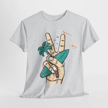 Peaceful Surf Vibes Graphic Tee, Tropical Peace Sign Surf T-Shirt, Beach Life Peace Hand Graphic Tee, Surfboard Palm Peace Gesture Shirt.