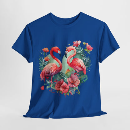 Romantic Flamingo T-Shirt - Floral Heart Design, Tropical Flamingo Tee - Floral Love Birds, Floral Flamingo T-Shirt - Tropical Love Design.