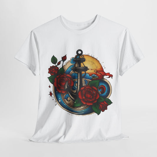 Anchored Roses T-Shirt,Love Never Drifts Anchor Rose Tee,Nautical Romance Anchor and Roses Tee,Blooming Through the Storm Anchor Rose.