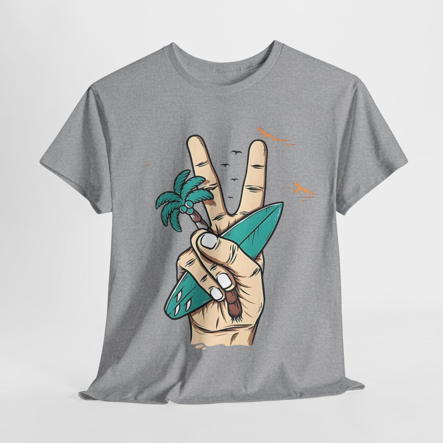 Peaceful Surf Vibes Graphic Tee, Tropical Peace Sign Surf T-Shirt, Beach Life Peace Hand Graphic Tee, Surfboard Palm Peace Gesture Shirt.