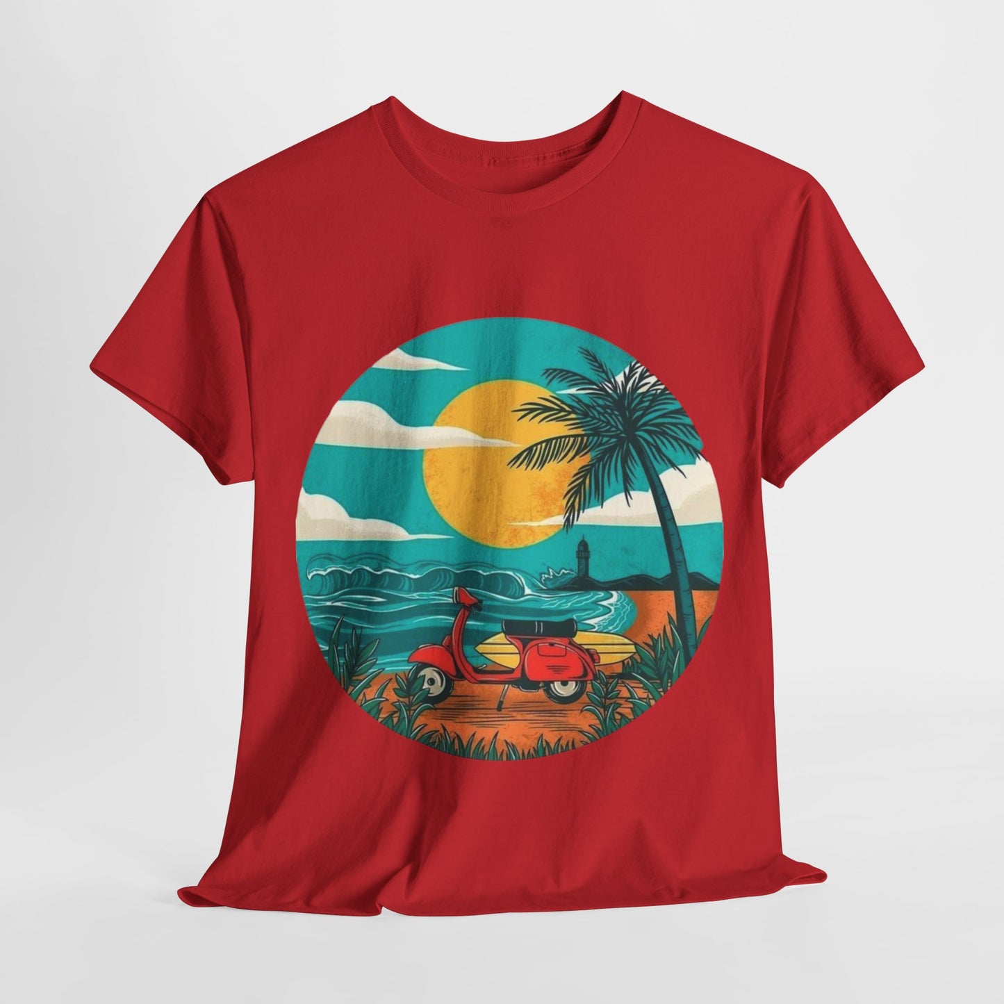 Retro Beach Scooter Tee -Vibrant Sunset Graphic,Tropical Beach Vibes T-Shirt -Sunset and Palm Trees Design,Vintage Beach Scooter Shirt