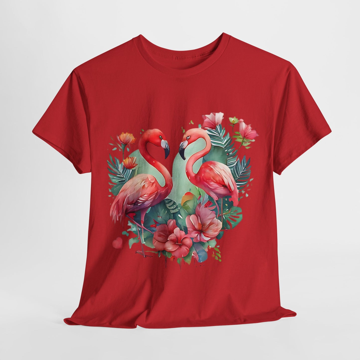 Romantic Flamingo T-Shirt - Floral Heart Design, Tropical Flamingo Tee - Floral Love Birds, Floral Flamingo T-Shirt - Tropical Love Design.