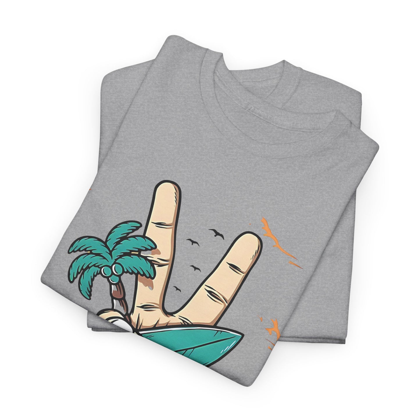 Peaceful Surf Vibes Graphic Tee, Tropical Peace Sign Surf T-Shirt, Beach Life Peace Hand Graphic Tee, Surfboard Palm Peace Gesture Shirt.