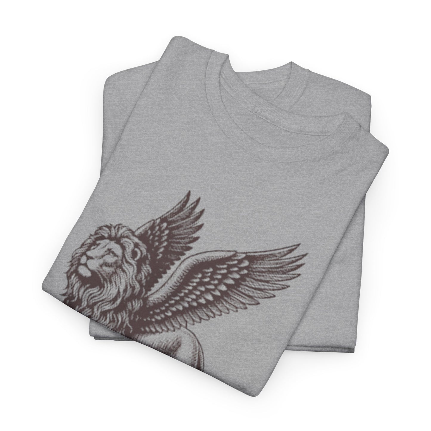 Mythical Winged Lion Tee, Majestic Griffin Art T-Shirt, Fantasy Creature Lion Tee, Winged Beast Graphic Shirt