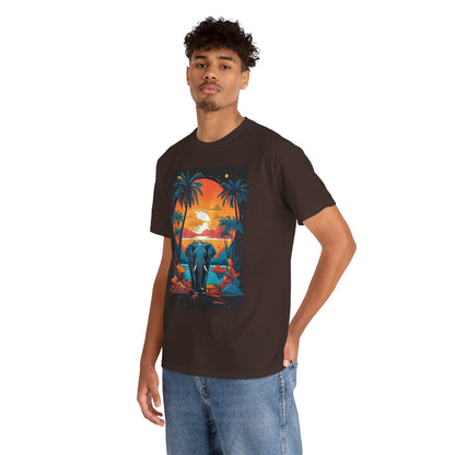 Tropical Sunset Elephant Tee, Vibrant Safari Elephant T-Shirt, Sunset Jungle Elephant Shirt, Exotic Elephant Landscape Tee.