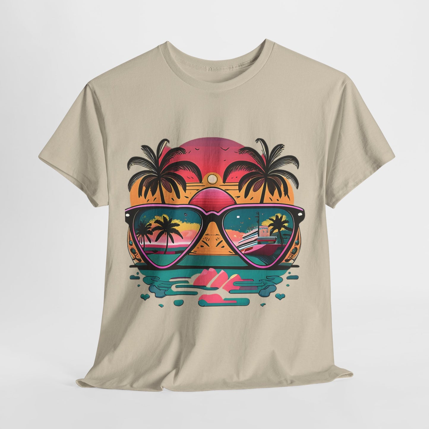 Sunglasses Reflection Beach Tee, Tropical Shades Paradise T-Shirt, Sunset Reflections Graphic Tee, Beach View Sunglasses Shirt.