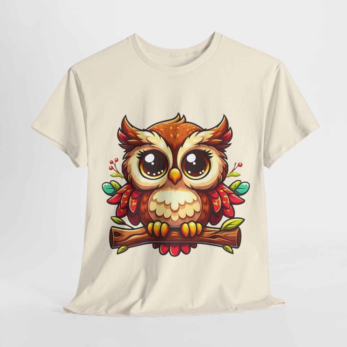 Cute Cartoon Owl T-Shirt, Adorable Owl Branch Tee, Colorful Big-Eyed Owl Shirt, Whimsical Owl Design Tee.