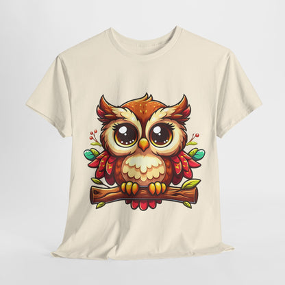 Cute Cartoon Owl T-Shirt, Adorable Owl Branch Tee, Colorful Big-Eyed Owl Shirt, Whimsical Owl Design Tee.