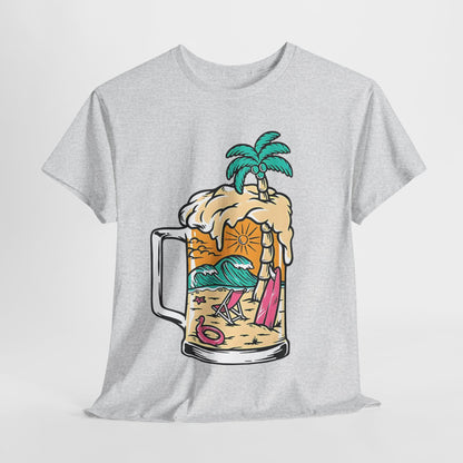 Beach Brew Bliss Tee, Tropical Paradise Mug T-Shirt, Sunset Surf and Suds Tee, Island Getaway Graphic Tee.