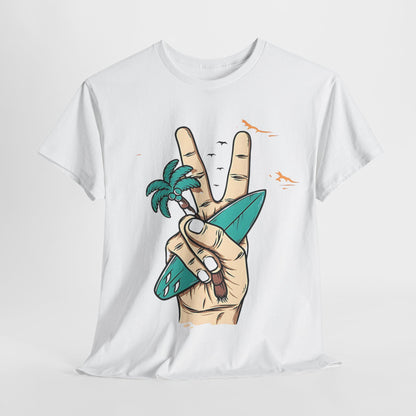 Peaceful Surf Vibes Graphic Tee, Tropical Peace Sign Surf T-Shirt, Beach Life Peace Hand Graphic Tee, Surfboard Palm Peace Gesture Shirt.