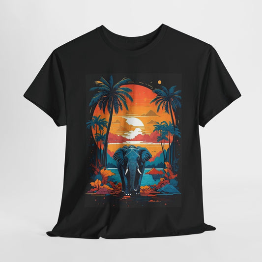 Tropical Sunset Elephant Tee, Vibrant Safari Elephant T-Shirt, Sunset Jungle Elephant Shirt, Exotic Elephant Landscape Tee.