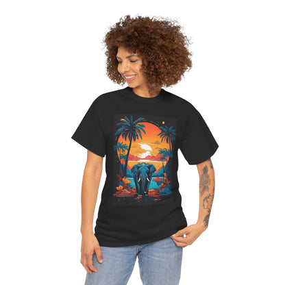 Tropical Sunset Elephant Tee, Vibrant Safari Elephant T-Shirt, Sunset Jungle Elephant Shirt, Exotic Elephant Landscape Tee.