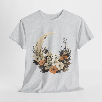 Lunar Bloom T-Shirt,Crescent Moon Floral Tee,Dreamy Night Garden Tee.