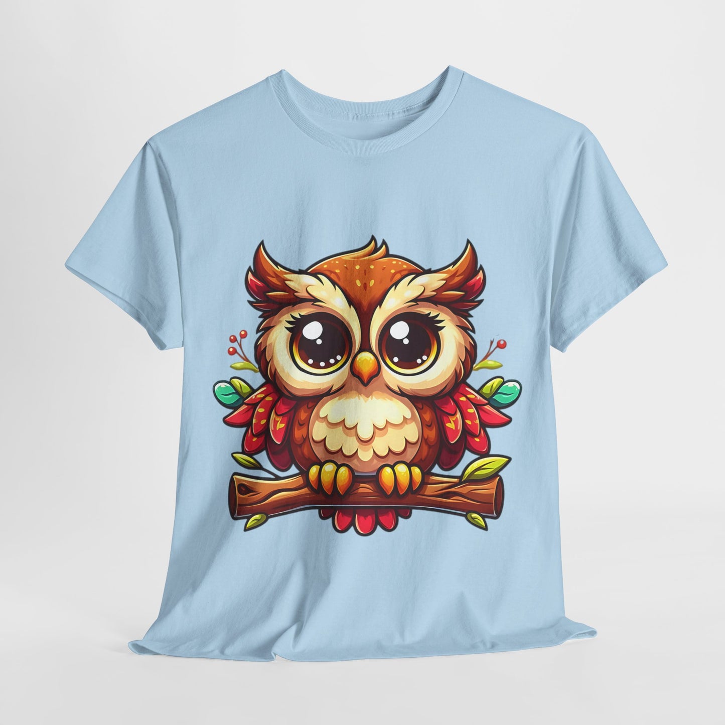 Cute Cartoon Owl T-Shirt, Adorable Owl Branch Tee, Colorful Big-Eyed Owl Shirt, Whimsical Owl Design Tee.