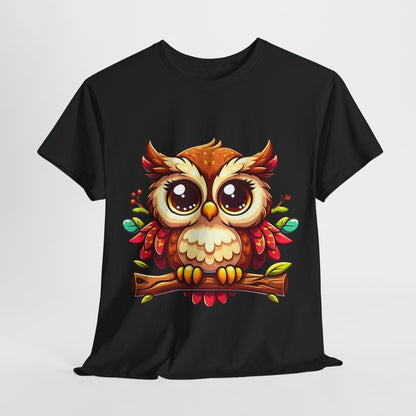 Cute Cartoon Owl T-Shirt, Adorable Owl Branch Tee, Colorful Big-Eyed Owl Shirt, Whimsical Owl Design Tee.