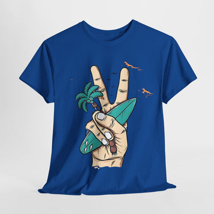 Peaceful Surf Vibes Graphic Tee, Tropical Peace Sign Surf T-Shirt, Beach Life Peace Hand Graphic Tee, Surfboard Palm Peace Gesture Shirt.