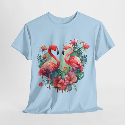 Romantic Flamingo T-Shirt - Floral Heart Design, Tropical Flamingo Tee - Floral Love Birds, Floral Flamingo T-Shirt - Tropical Love Design.