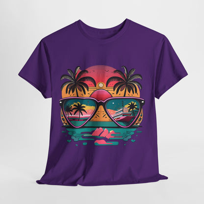 Sunglasses Reflection Beach Tee, Tropical Shades Paradise T-Shirt, Sunset Reflections Graphic Tee, Beach View Sunglasses Shirt.