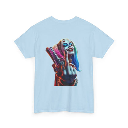 Badass Harley Quinn T-Shirt - Middle Finger and Gun Design Edgy Harley Quinn Graphic Tee - White Shirt with Attitude Harley Quinn Fans Unite