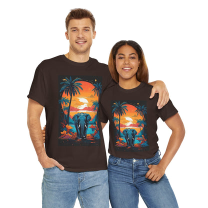 Tropical Sunset Elephant Tee, Vibrant Safari Elephant T-Shirt, Sunset Jungle Elephant Shirt, Exotic Elephant Landscape Tee.