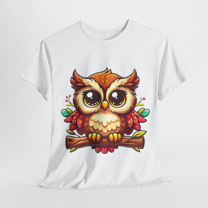 Cute Cartoon Owl T-Shirt, Adorable Owl Branch Tee, Colorful Big-Eyed Owl Shirt, Whimsical Owl Design Tee.