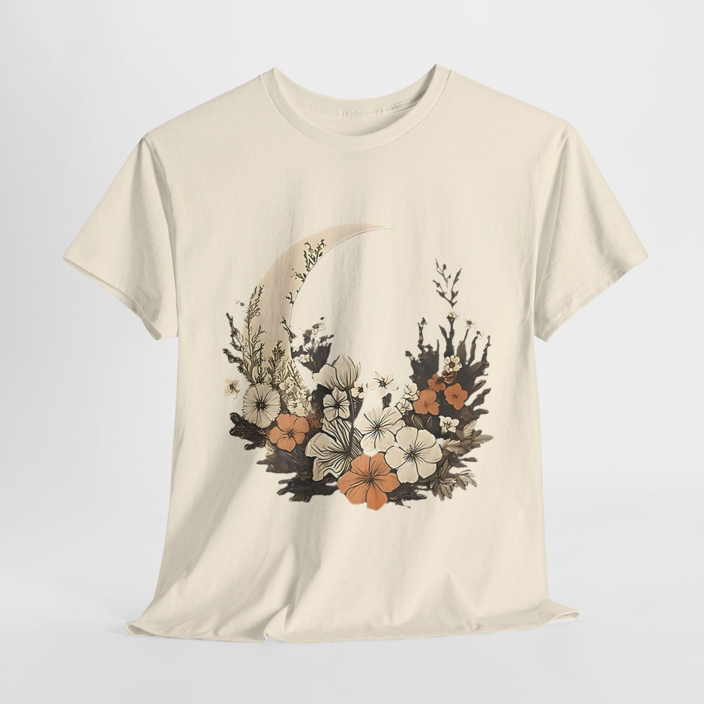 Lunar Bloom T-Shirt,Crescent Moon Floral Tee,Dreamy Night Garden Tee.