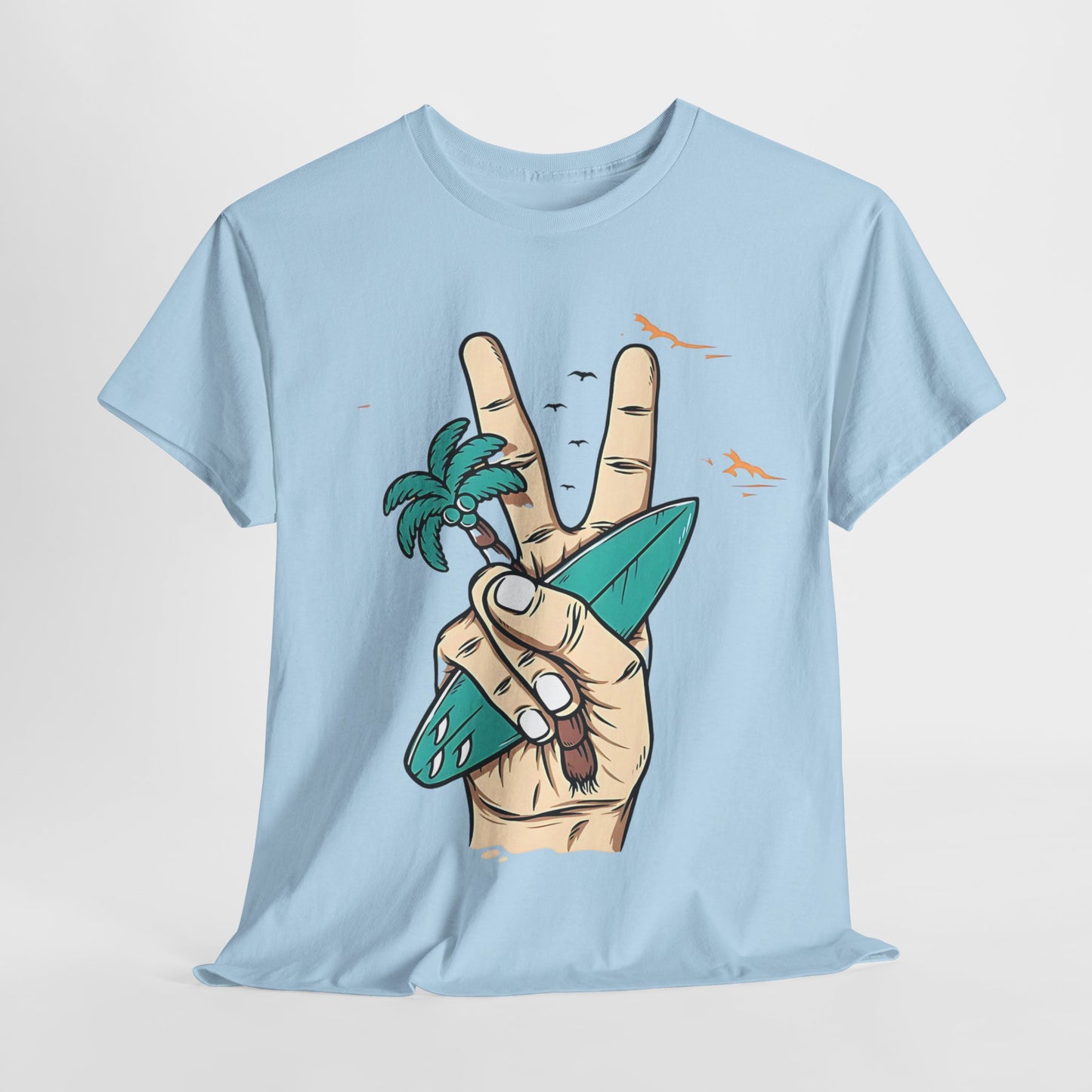 Peaceful Surf Vibes Graphic Tee, Tropical Peace Sign Surf T-Shirt, Beach Life Peace Hand Graphic Tee, Surfboard Palm Peace Gesture Shirt.