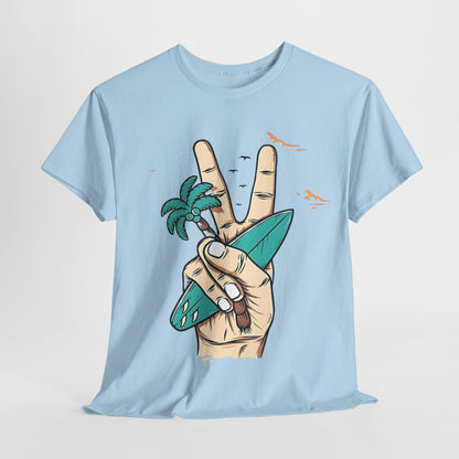 Peaceful Surf Vibes Graphic Tee, Tropical Peace Sign Surf T-Shirt, Beach Life Peace Hand Graphic Tee, Surfboard Palm Peace Gesture Shirt.