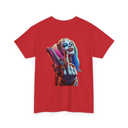 Badass Harley Quinn T-Shirt - Middle Finger and Gun Design Edgy Harley Quinn Graphic Tee - White Shirt with Attitude Harley Quinn Fans Unite