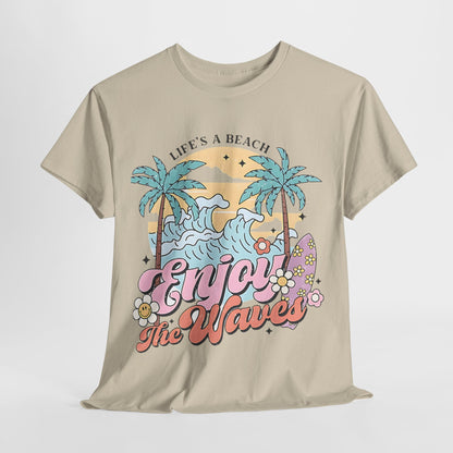 Graphic Surf T-Shirt - Life's a Beach, Enjoy the Waves, Beach Vibes Graphic Tee  Enjoy the Waves, Retro Surf Style T-Shirt - Life's a Beach.