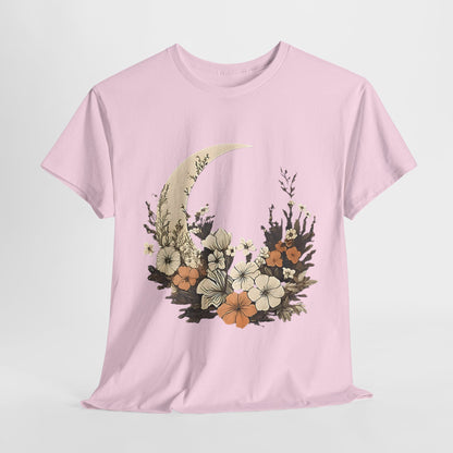 Lunar Bloom T-Shirt,Crescent Moon Floral Tee,Dreamy Night Garden Tee.