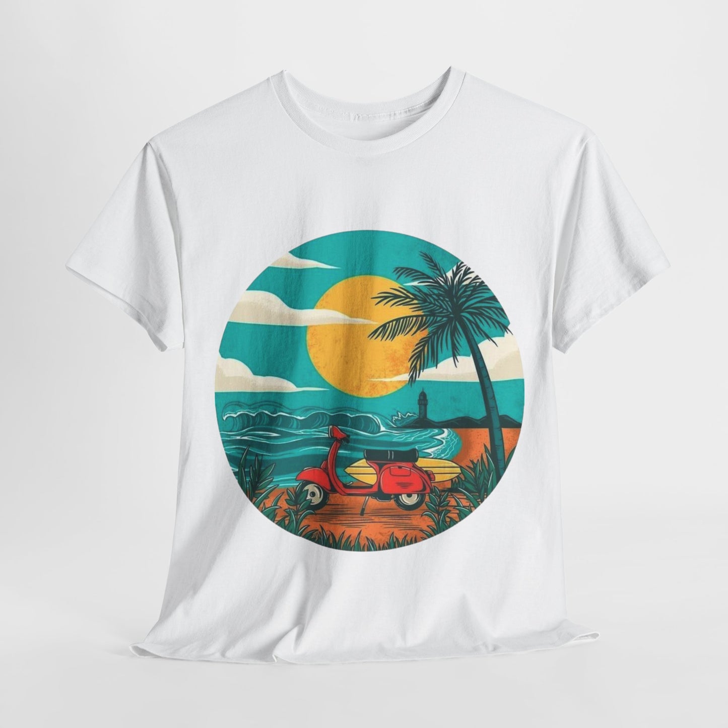 Retro Beach Scooter Tee -Vibrant Sunset Graphic,Tropical Beach Vibes T-Shirt -Sunset and Palm Trees Design,Vintage Beach Scooter Shirt