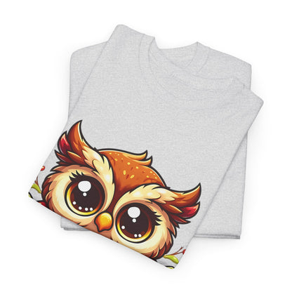 Cute Cartoon Owl T-Shirt, Adorable Owl Branch Tee, Colorful Big-Eyed Owl Shirt, Whimsical Owl Design Tee.