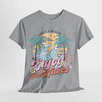 Graphic Surf T-Shirt - Life's a Beach, Enjoy the Waves, Beach Vibes Graphic Tee  Enjoy the Waves, Retro Surf Style T-Shirt - Life's a Beach.