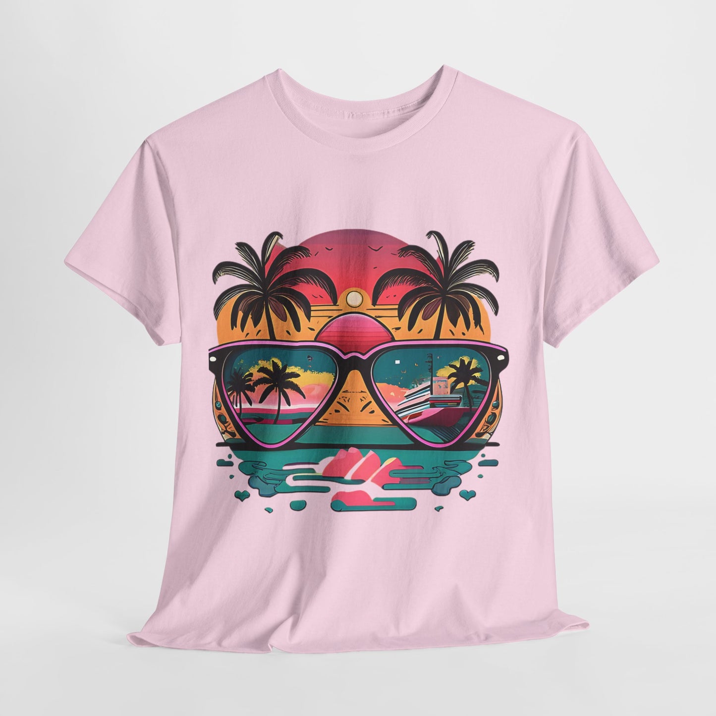 Sunglasses Reflection Beach Tee, Tropical Shades Paradise T-Shirt, Sunset Reflections Graphic Tee, Beach View Sunglasses Shirt.