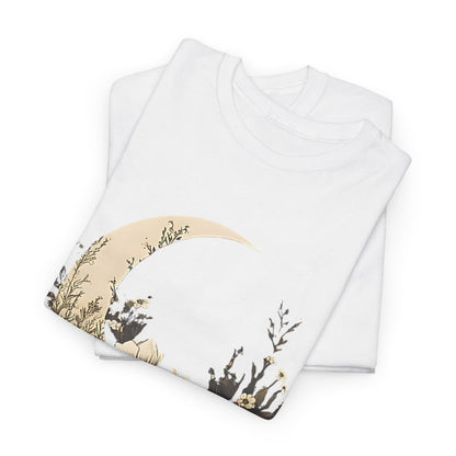 Lunar Bloom T-Shirt,Crescent Moon Floral Tee,Dreamy Night Garden Tee.