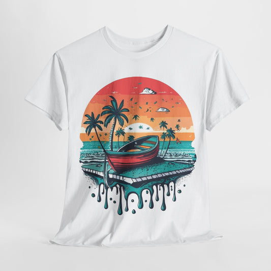 Island Vibes: Palm Tree and Boat Silhouette T-Shirt, Sailing Away Palm Trees and Boat T-Shirt, Life's a Beach Palm Tree Paradise T-Shirt