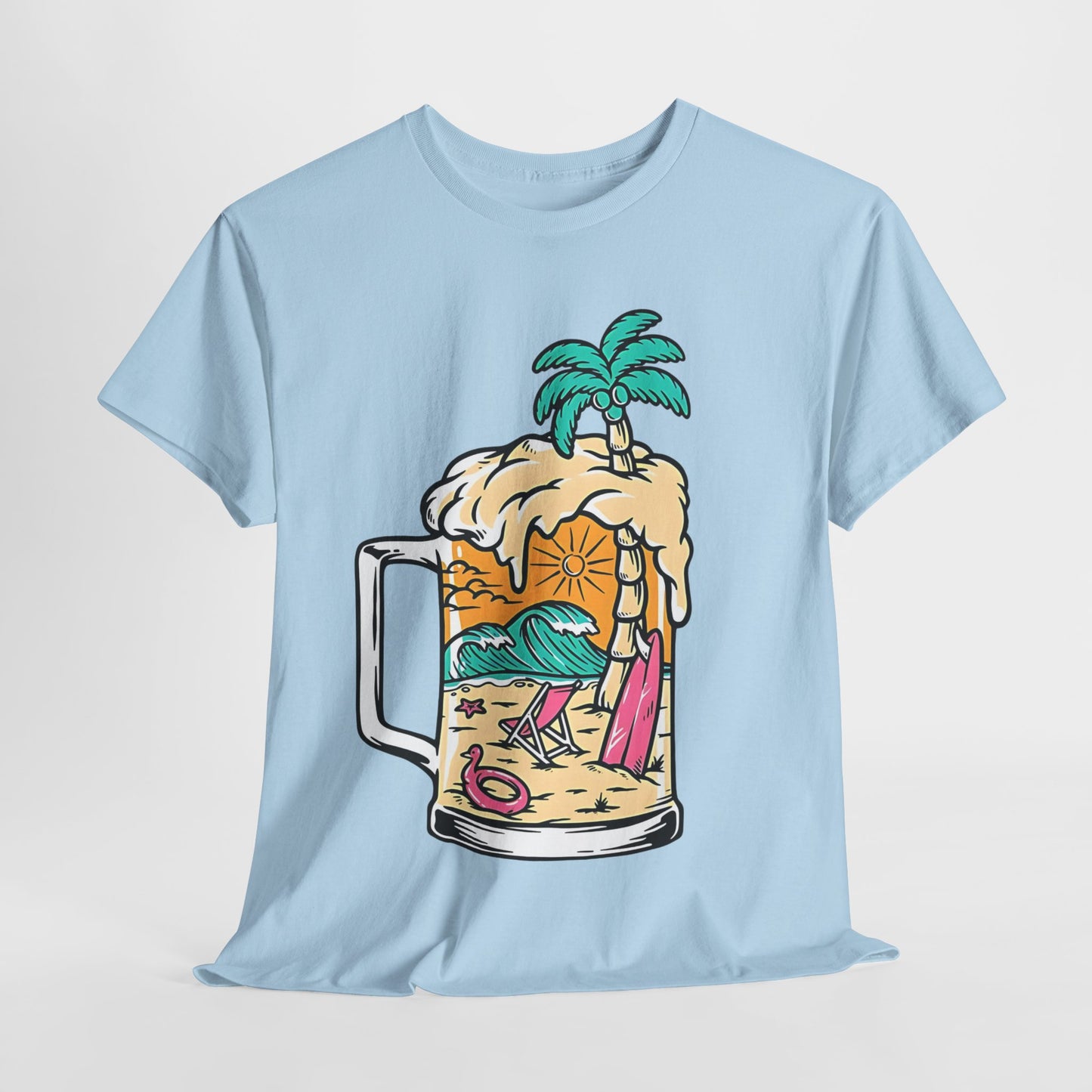 Beach Brew Bliss Tee, Tropical Paradise Mug T-Shirt, Sunset Surf and Suds Tee, Island Getaway Graphic Tee.