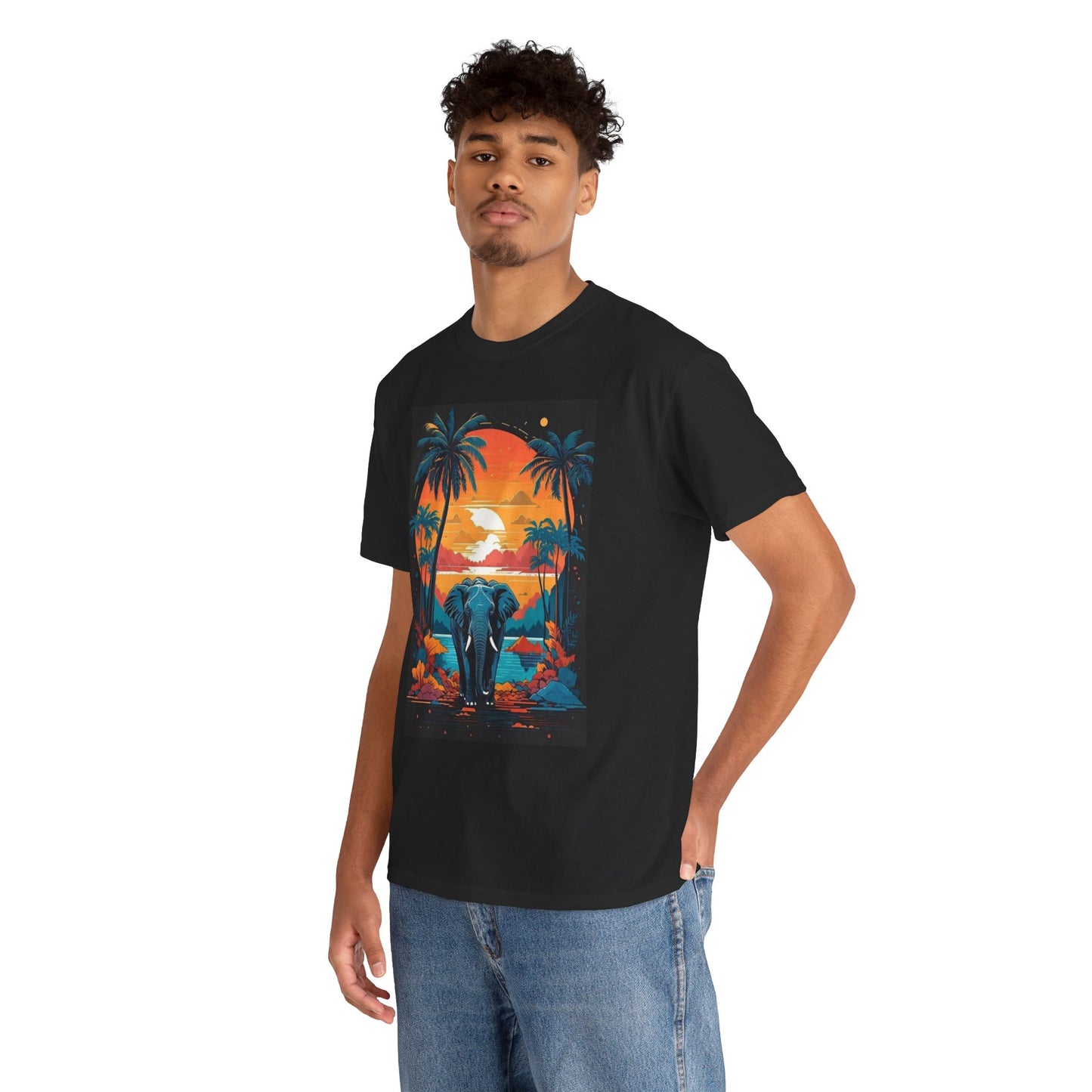 Tropical Sunset Elephant Tee, Vibrant Safari Elephant T-Shirt, Sunset Jungle Elephant Shirt, Exotic Elephant Landscape Tee.