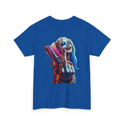 Badass Harley Quinn T-Shirt - Middle Finger and Gun Design Edgy Harley Quinn Graphic Tee - White Shirt with Attitude Harley Quinn Fans Unite